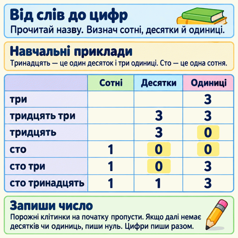 Навчальна таблиця показує, як записувати числа цифрами за сотнями, десятками й одиницями: три — 3, тридцять три — 33, тридцять — 30, сто — 100, сто три — 103, сто тринадцять — 113. Початкові незаповнені розряди залишено порожніми. Виділено чотири нулі на місцях відсутніх десятків або одиниць. Тринадцять — це один десяток і три одиниці. Цифри числа треба писати разом. Від слів до цифр: Прочитай назву. Визнач сотні, десятки й одиниці. Навчальні приклади: Тринадцять — це один десяток і три одиниці. Сто — це одна сотня. Запиши число: Порожні клітинки на початку пропусти. Якщо далі немає десятків чи одиниць, пиши нуль. Цифри пиши разом. Сотні Десятки Одиниці три тридцять три тридцять сто сто три сто тринадцять 1 3