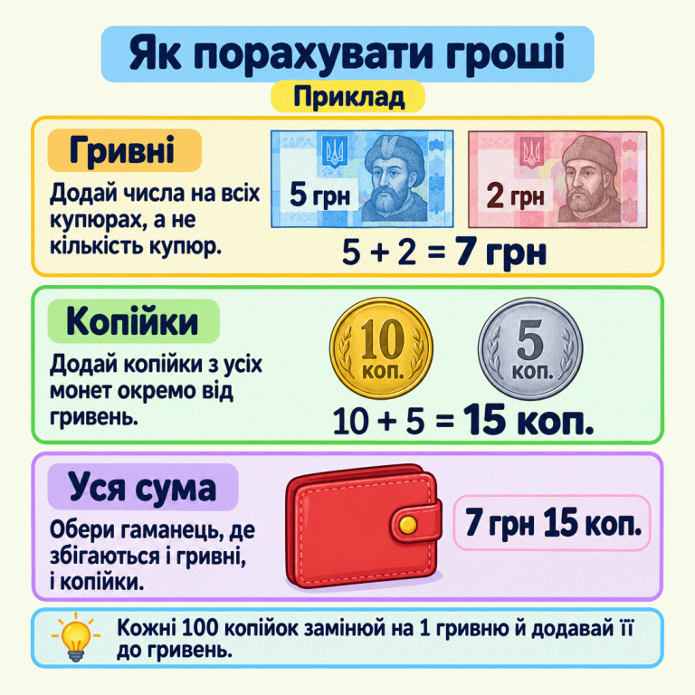 Навчальний приклад лічби грошей. Купюри на 5 і 2 гривні разом становлять 7 гривень. Монети на 10 і 5 копійок разом становлять 15 копійок. Біля гаманця записано загальну суму: 7 гривень 15 копійок. Треба додавати вартість усіх грошей, гривні та копійки рахувати окремо й перевіряти обидві частини суми. Кожні 100 копійок можна замінити на 1 гривню. Як порахувати гроші Гривні: Додай числа на всіх купюрах, а не кількість купюр. Копійки: Додай копійки з усіх монет окремо від гривень. Уся сума: Обери гаманець, де збігаються і гривні, і копійки. Кожні 100 копійок замінюй на 1 гривню й додавай її до гривень. Приклад 5 грн 2 грн 5 + 2 = 7 грн 10 коп. 5 коп. 10 + 5 = 15 коп. 7 грн 15 коп.