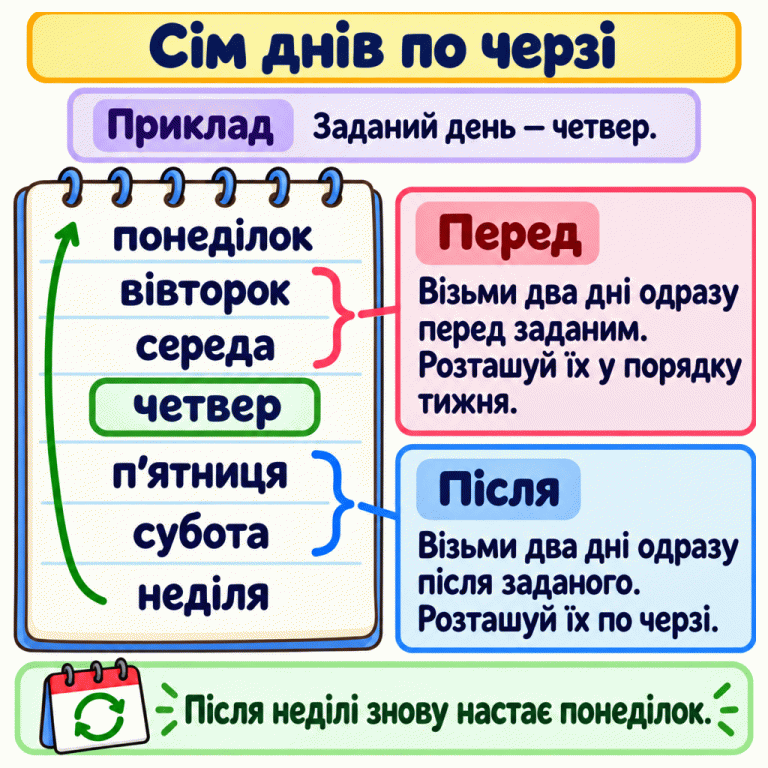 Сім днів тижня йдуть по черзі: понеділок, вівторок, середа, четвер, п’ятниця, субота, неділя. У прикладі задано четвер. Два дні одразу перед ним — вівторок і середа, а два одразу після нього — п’ятниця і субота. Вибрані дні розташовують у порядку тижня. Після неділі знову настає понеділок. Сім днів по черзі Приклад: Заданий день — четвер. Перед: Візьми два дні одразу перед заданим. Розташуй їх у порядку тижня. Після: Візьми два дні одразу після заданого. Розташуй їх по черзі. Після неділі знову настає понеділок. понеділок вівторок середа четвер п’ятниця субота неділя