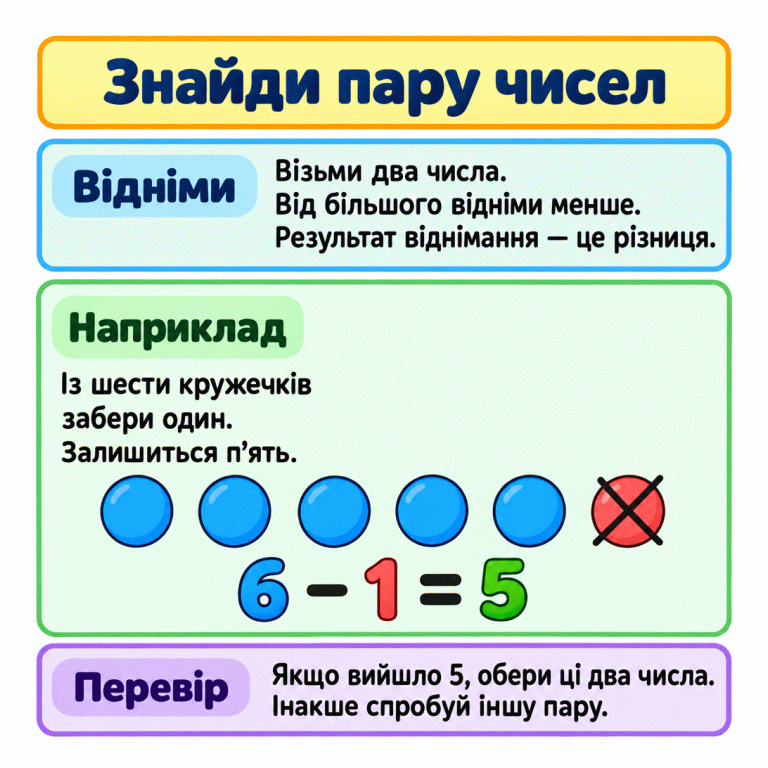 Щоб знайти пару чисел із різницею 5, від більшого числа відніми менше. У навчальному прикладі із шести кружечків один перекреслено, п’ять залишилися: 6 − 1 = 5. Якщо результат дорівнює 5, обери обидва числа; інакше перевір іншу пару. Знайди пару чисел Відніми: Візьми два числа. Від більшого відніми менше. Результат віднімання — це різниця. Наприклад: Із шести кружечків забери один. Залишиться п’ять. Перевір: Якщо вийшло 5, обери ці два числа. Інакше спробуй іншу пару. 6 − 1 = 5