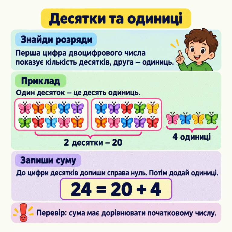 Десятки та одиниці. Перша цифра двоцифрового числа показує кількість десятків, друга — одиниць. У навчальному прикладі дві групи по десять метеликів утворюють два десятки, тобто двадцять одиниць. Ще чотири метелики показані окремо. Отже, 24 = 20 + 4. Щоб записати доданок із десятків, до цифри десятків дописуємо справа нуль, а потім додаємо одиниці. Десятки та одиниці Знайди розряди: Перша цифра двоцифрового числа показує кількість десятків, друга — одиниць. Приклад: Один десяток — це десять одиниць. Запиши суму: До цифри десятків допиши справа нуль. Потім додай одиниці. Перевір: сума має дорівнювати початковому числу. 2 десятки — 20 4 одиниці 24 = 20 + 4 !