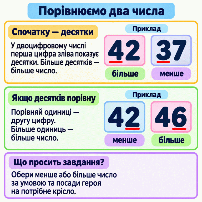 Порівнюємо два двоцифрові числа. Спочатку порівняй десятки — перші цифри зліва. У прикладі 42 більше за 37, бо чотири десятки більше, ніж три. Якщо десятків порівну, порівняй одиниці — другі цифри. У прикладі 42 менше за 46, бо десятків порівну, а дві одиниці менше, ніж шість. Прочитай умову й посади героя на крісло з меншим або більшим числом, як просить завдання. Порівнюємо два числа Спочатку — десятки: У двоцифровому числі перша цифра зліва показує десятки. Більше десятків — більше число. Якщо десятків порівну: Порівняй одиниці — другу цифру. Більше одиниць — більше число. Що просить завдання?: Обери менше або більше число за умовою та посади героя на потрібне крісло. Приклад 42 37 46 більше менше