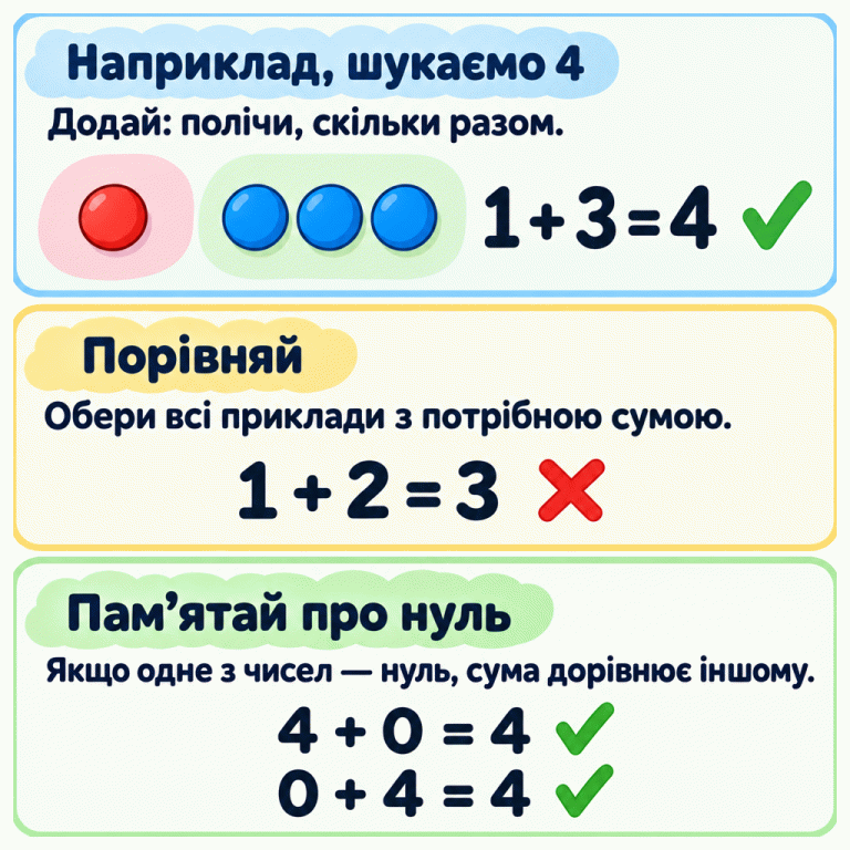 Навчальний приклад: шукаємо суму 4. Одна фішка і ще три — разом чотири: 1 + 3 = 4, цей приклад обираємо. 1 + 2 = 3 — не обираємо, бо потрібна сума 4. Приклади 4 + 0 = 4 і 0 + 4 = 4 теж обираємо. Якщо одне з чисел — нуль, сума дорівнює іншому. Потрібно знайти всі приклади з указаною в завданні сумою. Наприклад, шукаємо 4: Додай: полічи, скільки разом. Порівняй: Обери всі приклади з потрібною сумою. Пам’ятай про нуль: Якщо одне з чисел — нуль, сума дорівнює іншому. 1 + 3 = 4 1 + 2 = 3 4 + 0 = 4 0 + 4 = 4 ✓ ✗
