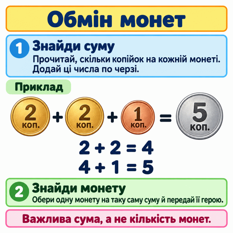 Обмін монет: прочитай вартість кожної монети та додай усі значення. У навчальному прикладі дві монети по 2 копійки й одна монета в 1 копійку разом мають вартість 5 копійок: 2 + 2 = 4, потім 4 + 1 = 5. Їх можна обміняти на одну монету в 5 копійок. Монет стає менше, але сума залишається тією самою. Обмін монет Знайди суму: Прочитай, скільки копійок на кожній монеті. Додай ці числа по черзі. Знайди монету: Обери одну монету на таку саму суму й передай її герою. Важлива сума, а не кількість монет. Приклад 2 коп. 1 коп. 5 коп. + = 2 + 2 = 4 4 + 1 = 5 1 2