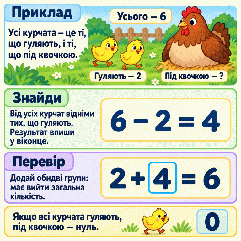 Навчальний приклад: усього шість курчат. Двоє гуляють, решта ховається під квочкою. Щоб знайти приховану кількість, від шести віднімаємо два й отримуємо чотири. Перевіряємо: два плюс чотири дорівнює шести. Знайдене число вписуємо у віконце. Якщо всі курчата гуляють, під квочкою залишається нуль. Приклад: Усі курчата — це ті, що гуляють, і ті, що під квочкою. Знайди: Від усіх курчат відніми тих, що гуляють. Результат впиши у віконце. Перевір: Додай обидві групи: має вийти загальна кількість. Якщо всі курчата гуляють, під квочкою — нуль. Усього — 6 Гуляють — 2 Під квочкою — ? 6 − 2 = 4 2 + 4 = 6