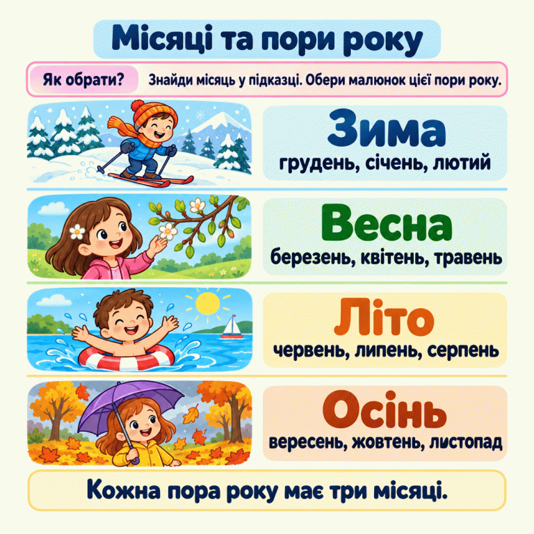 Підказка для вибору пори року за місяцем. Зима — грудень, січень, лютий. Весна — березень, квітень, травень. Літо — червень, липень, серпень. Осінь — вересень, жовтень, листопад. Біля кожної групи є сезонний малюнок. Знайди названий місяць і обери малюнок відповідної пори року. Кожна пора року має три місяці. Місяці та пори року Як обрати?: Знайди місяць у підказці. Обери малюнок цієї пори року. Кожна пора року має три місяці. Зима грудень, січень, лютий Весна березень, квітень, травень Літо червень, липень, серпень Осінь вересень, жовтень, листопад