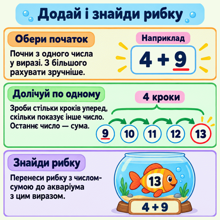 Додавання долічуванням на прикладі 4 + 9. Починаємо з 9 і робимо чотири кроки: 10, 11, 12, 13. Останнє число, 13, є сумою. Рибка з числом 13 перебуває в акваріумі з виразом 4 + 9. Додай і знайди рибку Обери початок: Почни з одного числа у виразі. З більшого рахувати зручніше. Долічуй по одному: Зроби стільки кроків уперед, скільки показує інше число. Останнє число — сума. Знайди рибку: Перенеси рибку з числом-сумою до акваріума з цим виразом. Наприклад 4 + 9 9 10 11 12 13 4 кроки