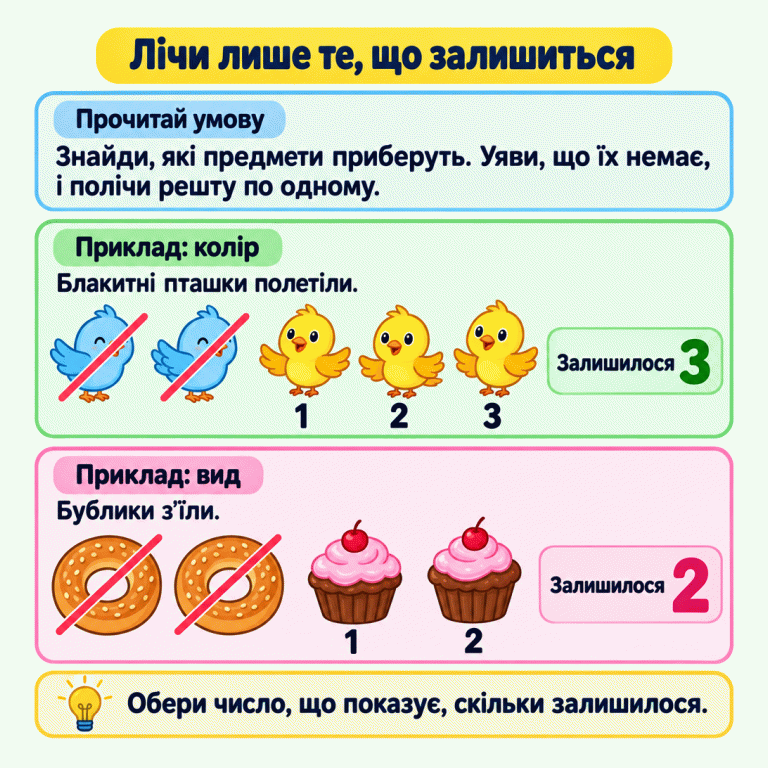 Щоб дізнатися, скільки предметів залишиться, уяви, що названу групу прибрали, і полічи решту по одному. У навчальному прикладі дві блакитні пташки полетіли: залишилися три жовті, під ними числа 1, 2, 3. В іншому прикладі два бублики з’їли: залишилися два тістечка, під ними числа 1 і 2. Предмети, які прибрали, позначено рисками й не включено до лічби. Обери число, що показує кількість предметів, які залишилися. Лічи лише те, що залишиться Прочитай умову: Знайди, які предмети приберуть. Уяви, що їх немає, і полічи решту по одному. Приклад: колір: Блакитні пташки полетіли. Приклад: вид: Бублики з’їли. Обери число, що показує, скільки залишилося. 1 2 3 Залишилося