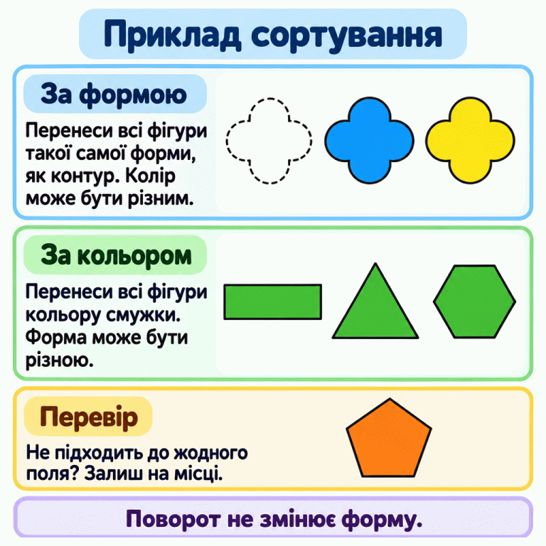 Приклад сортування. За формою: до пунктирного контуру чотирипелюсткової фігури дібрано синю та жовту фігури такої самої форми. За кольором: до зеленої смужки дібрано зелений трикутник і зелений шестикутник. Помаранчевий п’ятикутник не підходить до жодного поля й залишається окремо. Поворот не змінює форму. Приклад сортування За формою: Перенеси всі фігури такої самої форми, як контур. Колір може бути різним. За кольором: Перенеси всі фігури кольору смужки. Форма може бути різною. Перевір: Не підходить до жодного поля? Залиш на місці. Поворот не змінює форму.