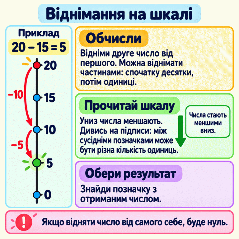 Віднімання на вертикальній шкалі. Навчальний приклад: 20 − 15 = 5. На шкалі знизу вгору підписано 0, 5, 10, 15, 20. Стрілка «−10» веде від 20 до 10, а стрілка «−5» — від 10 до 5. Результат — позначка 5. Спочатку обчисли, потім прочитай підписи шкали й обери отримане число. Різниця між сусідніми позначками може змінюватися. Якщо відняти число від самого себе, буде нуль. Віднімання на шкалі Обчисли: Відніми друге число від першого. Можна віднімати частинами: спочатку десятки, потім одиниці. Прочитай шкалу: Униз числа меншають. Дивись на підписи: між сусідніми позначками може бути різна кількість одиниць. Обери результат: Знайди позначку з отриманим числом. Якщо відняти число від самого себе, буде нуль. Приклад 20 − 15 = 5 20 15 10 5 −10 −5 Числа стають меншими вниз. !