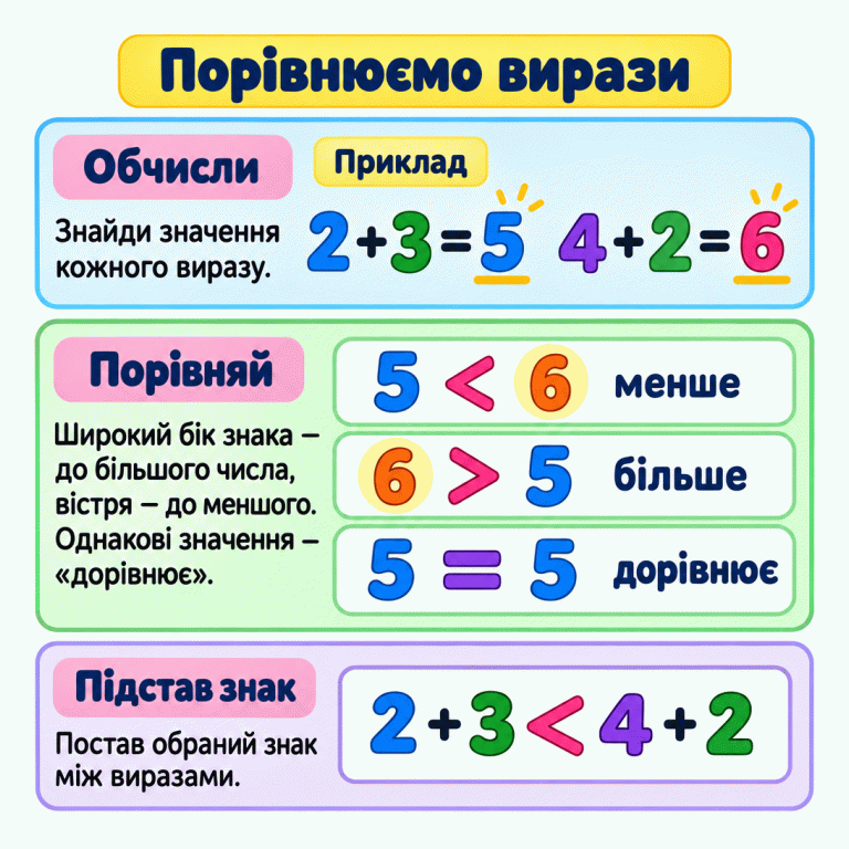 Картка пояснює, як порівнювати вирази. Спочатку обчислюємо кожен: у навчальному прикладі 2 + 3 = 5, а 4 + 2 = 6. Потім порівнюємо значення. 5 < 6 читаємо «п’ять менше за шість», 6 > 5 — «шість більше за п’ять», 5 = 5 — «п’ять дорівнює п’яти». Широкий бік знака нерівності звернений до більшого числа, вістря — до меншого. Обраний знак ставимо між початковими виразами: 2 + 3 < 4 + 2. Порівнюємо вирази Обчисли: Знайди значення кожного виразу. Порівняй: Широкий бік знака — до більшого числа, вістря — до меншого. Однакові значення — «дорівнює». Підстав знак: Постав обраний знак між виразами. Приклад 2 + 3 = 5 4 + 2 = 6 5 < 6 менше 6 > 5 більше 5 = 5 дорівнює 2 + 3 < 4 + 2