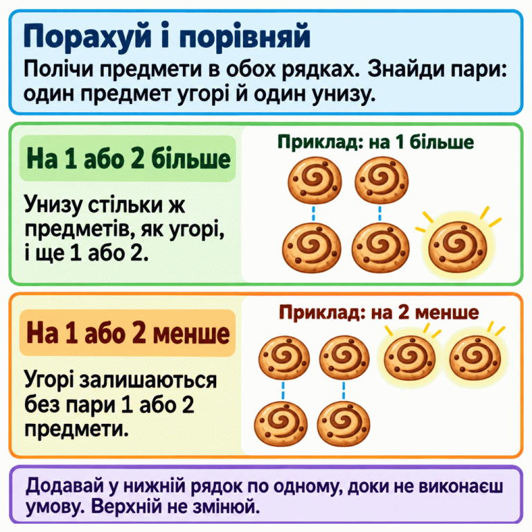 Картка пояснює, як порівнювати два рядки предметів парами. У першому навчальному прикладі вгорі два печива, внизу три: одне нижнє печиво без пари, отже внизу на одне більше. У другому прикладі вгорі чотири печива, внизу два: два верхні печива без пари, отже внизу на два менше. Додавай предмети в нижній рядок по одному до потрібного співвідношення, не змінюючи верхнього. Порахуй і порівняй: Полічи предмети в обох рядках. Знайди пари: один предмет угорі й один унизу. На 1 або 2 більше: Унизу стільки ж предметів, як угорі, і ще 1 або 2. На 1 або 2 менше: Угорі залишаються без пари 1 або 2 предмети. Додавай у нижній рядок по одному, доки не виконаєш умову. Верхній не змінюй. Приклад: на 1 більше Приклад: на 2 менше