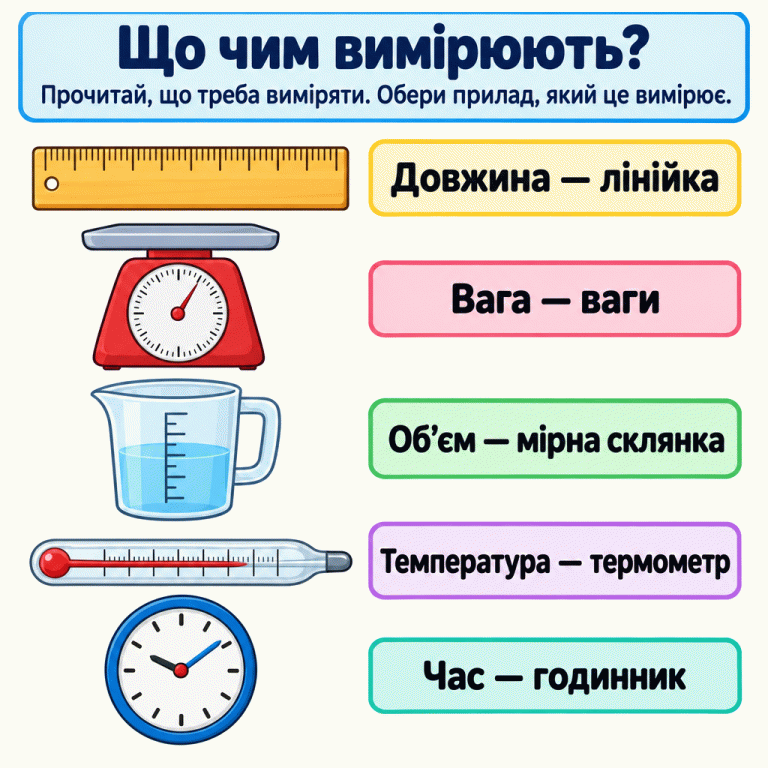 Картка пояснює, як обрати вимірювальний прилад: прочитай, що треба виміряти, і знайди відповідний прилад. П’ять ілюстрованих пар: довжина — лінійка, вага — ваги, об’єм — мірна склянка з поділками, температура — термометр, час — годинник. Що чим вимірюють?: Прочитай, що треба виміряти. Обери прилад, який це вимірює. Довжина — лінійка Вага — ваги Об’єм — мірна склянка Температура — термометр Час — годинник