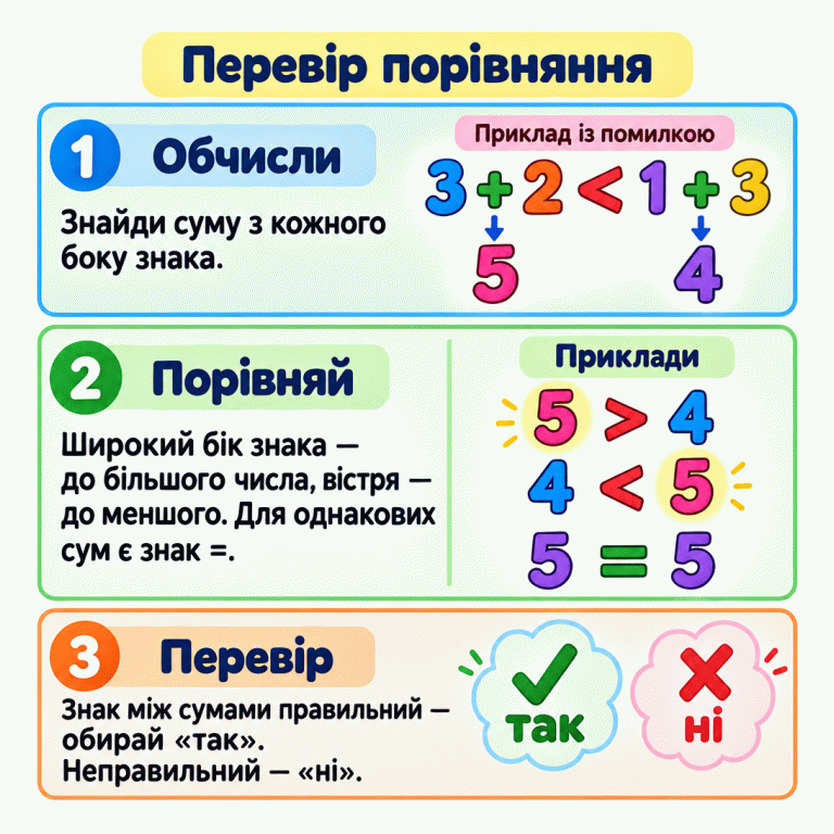 Картка пояснює: обчисли обидві суми, порівняй результати й перевір поданий знак. Навчальний приклад із помилкою: 3 + 2 < 1 + 3. Результати сум — 5 і 4. Правильні приклади порівнянь: 5 > 4, 4 < 5, 5 = 5. Широкий бік знака повернутий до більшого числа, вістря — до меншого; знак рівності ставлять між однаковими результатами. Якщо знак між сумами правильний, обирай «так», якщо неправильний — «ні». Перевір порівняння Обчисли: Знайди суму з кожного боку знака. Порівняй: Широкий бік знака — до більшого числа, вістря — до меншого. Для однакових сум є знак =. Перевір: Знак між сумами правильний — обирай «так». Неправильний — «ні». Приклад із помилкою 3 + 2 < 1 + 3 5 4 Приклади 5 > 4 4 < 5 5 = 5 1 2 3 ✓ так ✗ ні
