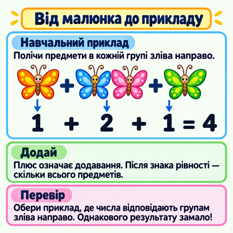 Навчальний приклад: три групи метеликів зліва направо — один, два й один. Між групами стоять плюси. Стрілки ведуть до відповідних чисел у записі: один плюс два плюс один дорівнює чотири. Щоб обрати приклад до малюнка, потрібно перевірити кількість у кожній групі, порядок чисел і загальну кількість. Однакового результату замало. Від малюнка до прикладу Навчальний приклад: Полічи предмети в кожній групі зліва направо. Додай: Плюс означає додавання. Після знака рівності — скільки всього предметів. Перевір: Обери приклад, де числа відповідають групам зліва направо. Однакового результату замало! 1 2 + = 4