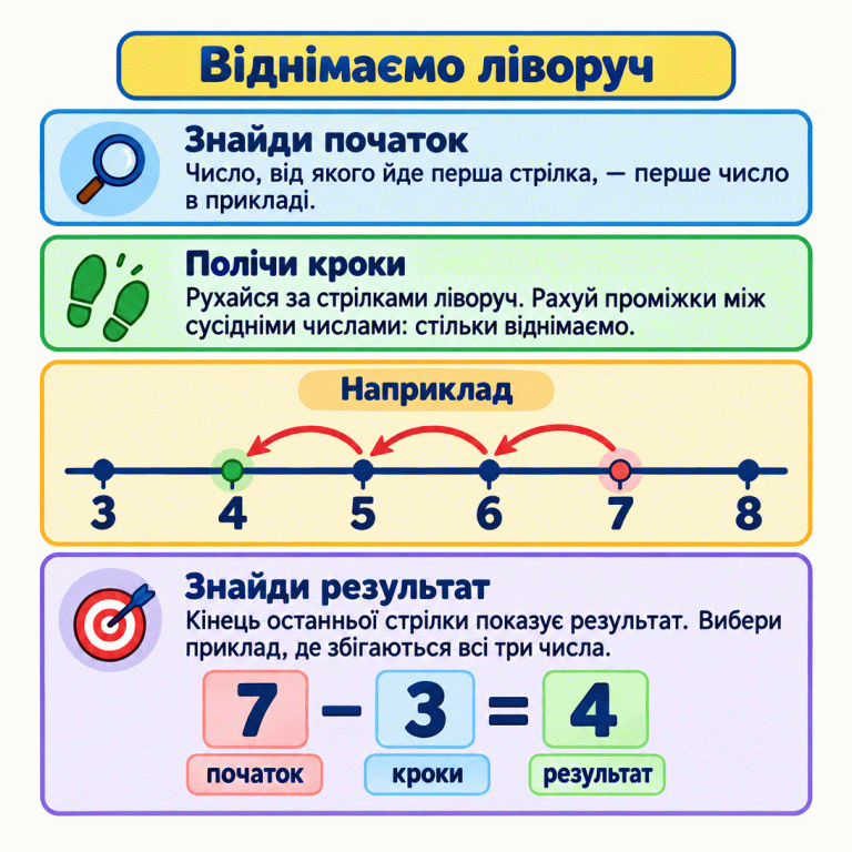 Навчальний приклад віднімання на числовій прямій. Числа від 3 до 8 розташовані зліва направо. Три стрілки ведуть ліворуч від 7 через 6 і 5 до 4. Рівність 7 − 3 = 4 пояснено підписами: 7 — початок, 3 — кроки, 4 — результат. Щоб вибрати відповідний приклад, потрібно перевірити всі три числа. Віднімаємо ліворуч Знайди початок: Число, від якого йде перша стрілка, — перше число в прикладі. Полічи кроки: Рухайся за стрілками ліворуч. Рахуй проміжки між сусідніми числами: стільки віднімаємо. Знайди результат: Кінець останньої стрілки показує результат. Вибери приклад, де збігаються всі три числа. Наприклад 3 4 5 6 7 8 7 − 3 = 4 початок кроки результат