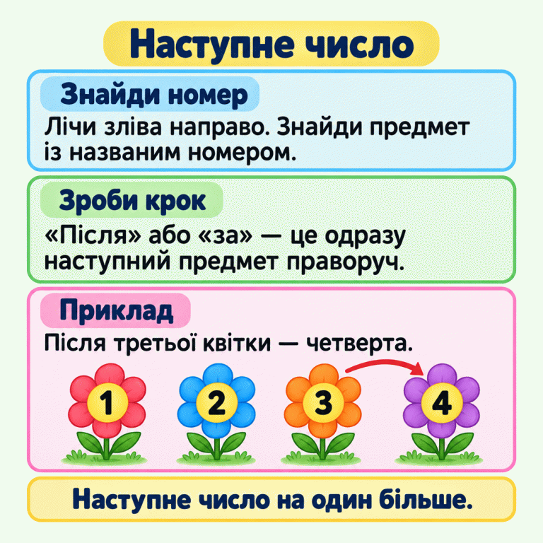 Лічи предмети зліва направо та знайди названий номер. «Після» або «за» означає одразу наступний предмет праворуч. У прикладі чотири квітки з номерами 1, 2, 3, 4. Стрілка веде від третьої квітки до четвертої. Наступне число на один більше. Наступне число Знайди номер: Лічи зліва направо. Знайди предмет із названим номером. Зроби крок: «Після» або «за» — це одразу наступний предмет праворуч. Приклад: Після третьої квітки — четверта. Наступне число на один більше. 1 2 3 4