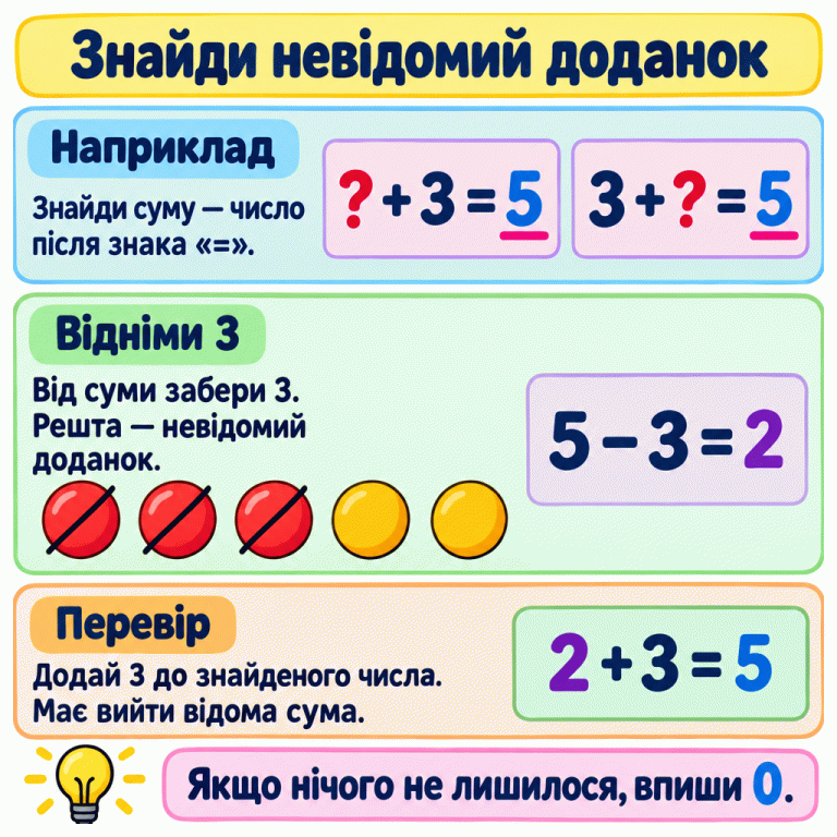 Навчальний приклад: ? + 3 = 5 і 3 + ? = 5. Щоб знайти невідомий доданок, від суми віднімаємо 3. Із п’яти фішок три закреслено, дві залишилися: 5 − 3 = 2. Перевірка: 2 + 3 = 5. Якщо після віднімання нічого не лишилося, записуємо 0. Знайди невідомий доданок Наприклад: Знайди суму — число після знака «=». Відніми 3: Від суми забери 3. Решта — невідомий доданок. Перевір: Додай 3 до знайденого числа. Має вийти відома сума. Якщо нічого не лишилося, впиши 0. ? + 3 = 5 3 + ? = 5 5 − 3 = 2 2 + 3 = 5