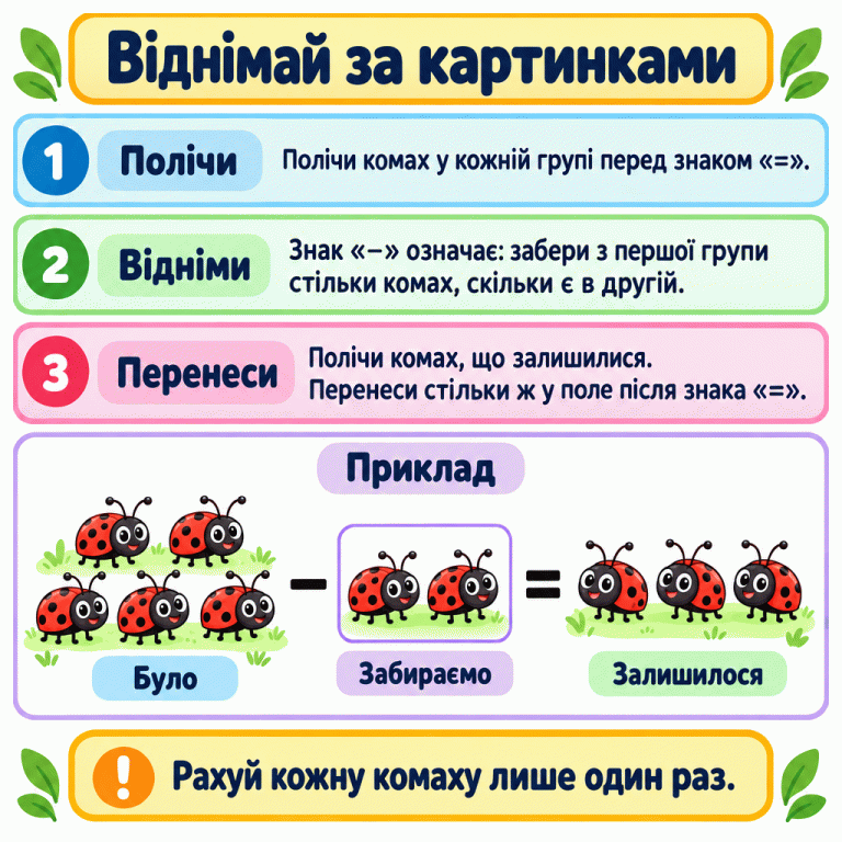 Картка пояснює, як віднімати комах за малюнками: полічити дві групи, забрати з першої стільки, скільки в другій, і перенести решту в поле після знака рівності. У навчальному прикладі було п’ять комах, забираємо дві, залишилося три. Дві комахи, яких забирають, відділені від інших груп і мають підпис «Забираємо». Віднімай за картинками Полічи: Полічи комах у кожній групі перед знаком «=». Відніми: Знак «−» означає: забери з першої групи стільки комах, скільки є в другій. Перенеси: Полічи комах, що залишилися. Перенеси стільки ж у поле після знака «=». Рахуй кожну комаху лише один раз. Приклад Було Забираємо Залишилося − = 1 2 3 !