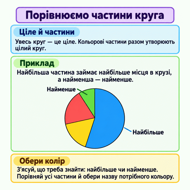 Навчальний приклад кругової діаграми. Різнокольорові частини разом утворюють цілий круг. Біля найбільшої частини написано «Найбільше», біля найменшої — «Найменше». Щоб відповісти на запитання, порівняй усі частини та обери назву кольору потрібної частини. Порівнюємо частини круга Ціле й частини: Увесь круг — це ціле. Кольорові частини разом утворюють цілий круг. Приклад: Найбільша частина займає найбільше місця в крузі, а найменша — найменше. Обери колір: З’ясуй, що треба знайти: найбільше чи найменше. Порівняй усі частини й обери назву потрібного кольору. Найбільше Найменше