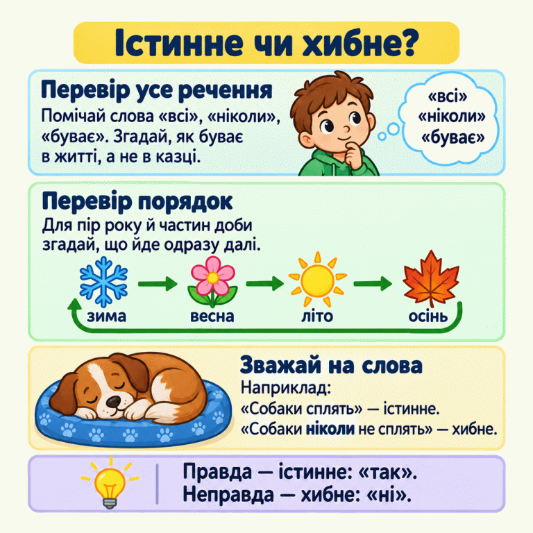 Картка пояснює, як перевіряти висловлювання за фактами реального життя та зважати на кожне слово. Схема показує цикл: зима, весна, літо, осінь, знову зима. Біля сплячого собаки наведено приклад: «Собаки сплять» — істинне, а «Собаки ніколи не сплять» — хибне. Для істинного висловлювання обирають «так», для хибного — «ні». Істинне чи хибне? Перевір усе речення: Помічай слова «всі», «ніколи», «буває». Згадай, як буває в житті, а не в казці. Перевір порядок: Для пір року й частин доби згадай, що йде одразу далі. Зважай на слова: Наприклад:
«Собаки сплять» — істинне.
«Собаки ніколи не сплять» — хибне. Правда — істинне: «так».
Неправда — хибне: «ні». зима весна літо осінь «всі» «ніколи» «буває»