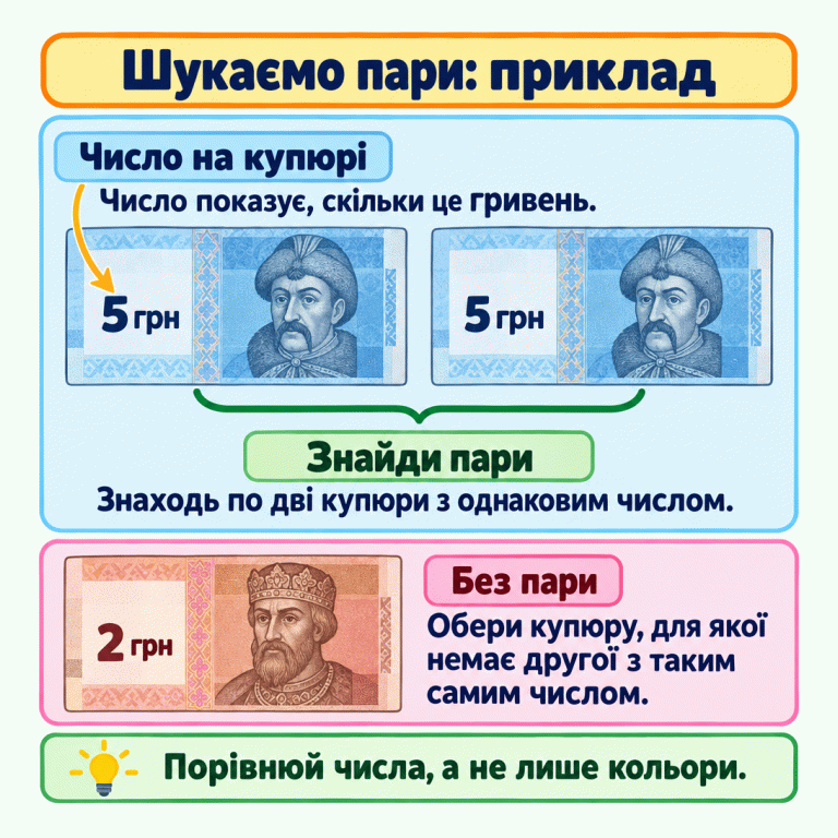 Навчальний приклад із трьома купюрами. Пояснення числа на купюрі та пошуку пар використовують ті самі дві купюри по 5 гривень: вони мають однакову вартість і утворюють пару. Поруч із поясненням «Без пари» зображена одна купюра 2 гривні. У кожному завданні потрібно порівняти числа, знайти всі пари й обрати купюру, для якої немає другої такої самої вартості. Шукаємо пари: приклад Число на купюрі: Число показує, скільки це гривень. Знайди пари: Знаходь по дві купюри з однаковим числом. Без пари: Обери купюру, для якої немає другої з таким самим числом. Порівнюй числа, а не лише кольори. 5 грн 2 грн