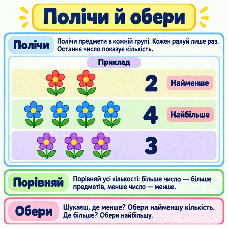 Навчальна картка пояснює: полічи предмети в кожній групі, кожен лише раз, і порівняй усі кількості. У прикладі три групи: дві, чотири та три квітки. Біля кожної групи записано її кількість. Дві квітки — найменше, чотири — найбільше. Якщо запитують, де менше, обери найменшу кількість; якщо де більше — найбільшу. Полічи й обери Полічи: Полічи предмети в кожній групі. Кожен рахуй лише раз. Останнє число показує кількість. Порівняй: Порівняй усі кількості: більше число — більше предметів, менше число — менше. Обери: Шукаєш, де менше? Обери найменшу кількість. Де більше? Обери найбільшу. Приклад 2 4 3 Найменше Найбільше