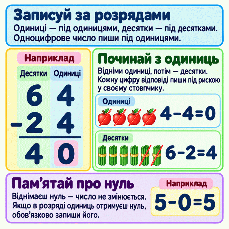 Пояснення віднімання за розрядами. Одиниці записують під одиницями, десятки — під десятками; одноцифровий від’ємник ставлять під одиницями. У навчальному прикладі 64 мінус 24 спочатку віднімають одиниці: 4 мінус 4 дорівнює 0, потім десятки: 6 мінус 2 дорівнює 4. Під рискою отримують 40. Нуль в одиницях відповіді потрібно записати. Інший навчальний приклад, 5 мінус 0 дорівнює 5, показує, що віднімання нуля не змінює число. Записуй за розрядами: Одиниці — під одиницями, десятки — під десятками. Одноцифрове число пиши під одиницями. Починай з одиниць: Відніми одиниці, потім — десятки. Кожну цифру відповіді пиши під рискою у своєму стовпчику. Пам’ятай про нуль: Віднімаєш нуль — число не змінюється. Якщо в розряді одиниць отримуєш нуль, обов’язково запиши його. Наприклад Десятки Одиниці 6 4 2 − 4 − 4 = 0 6 − 2 = 4 5 − 0 = 5