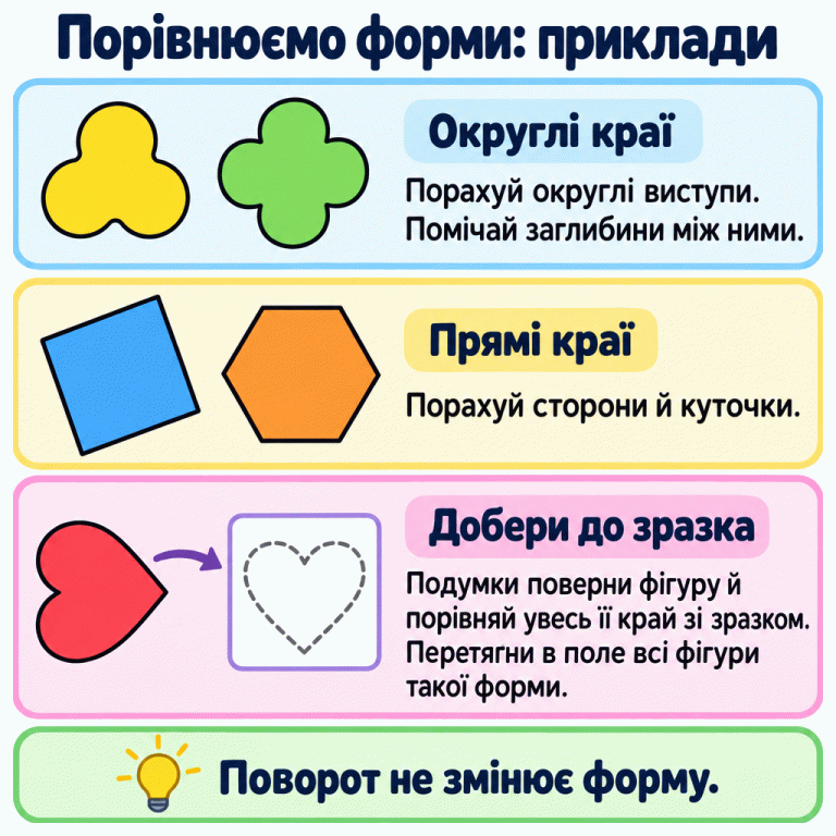 Картка вчить добирати фігури за формою. У першій парі одна фігура має три округлі виступи, інша — чотири. У другій парі нахилений квадрат має чотири сторони, а шестикутник — шість. Унизу повернуте сердечко спрямоване до поля зі зразком такої самої форми. Потрібно порівняти весь край фігури зі зразком: поворот не змінює форму. Порівнюємо форми: приклади Округлі краї: Порахуй округлі виступи. Помічай заглибини між ними. Прямі краї: Порахуй сторони й куточки. Добери до зразка: Подумки поверни фігуру й порівняй увесь її край зі зразком. Перетягни в поле всі фігури такої форми. Поворот не змінює форму.