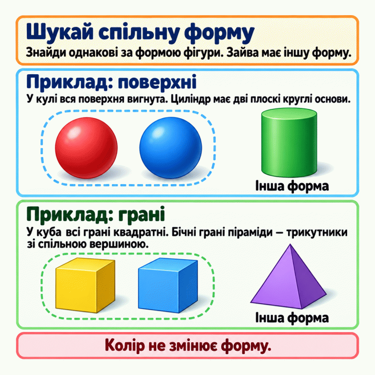 Картка пояснює, як знайти зайву фігуру за формою. У першому навчальному прикладі дві кулі мають однакову форму, а циліндр відрізняється: у нього є дві плоскі круглі основи. У другому прикладі два куби мають квадратні грані, а піраміда — трикутні бічні грані зі спільною вершиною. Циліндр і піраміда підписані «Інша форма». Колір не змінює форму. Шукай спільну форму: Знайди однакові за формою фігури. Зайва має іншу форму. Приклад: поверхні: У кулі вся поверхня вигнута. Циліндр має дві плоскі круглі основи. Приклад: грані: У куба всі грані квадратні. Бічні грані піраміди — трикутники зі спільною вершиною. Колір не змінює форму. Інша форма