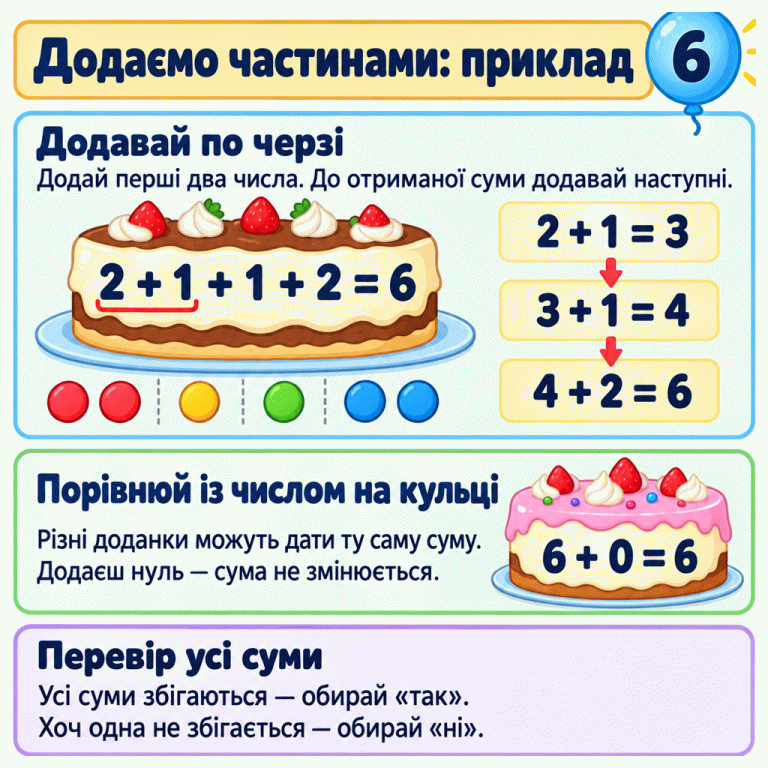 Навчальний приклад додавання частинами. На кульці число 6. Суму 2 + 1 + 1 + 2 обчислюємо послідовно: 2 + 1 = 3, 3 + 1 = 4, 4 + 2 = 6. Шість кружечків згруповано по два, один, один і два. Інший приклад, 6 + 0 = 6, дає ту саму суму. У завданні потрібно порівняти кожну суму з числом на кульці: якщо збігаються всі, обрати «так»; якщо хоч одна не збігається — «ні». Додаємо частинами: приклад Додавай по черзі: Додай перші два числа. До отриманої суми додавай наступні. Порівнюй із числом на кульці: Різні доданки можуть дати ту саму суму. Додаєш нуль — сума не змінюється. Перевір усі суми: Усі суми збігаються — обирай «так». Хоч одна не збігається — обирай «ні». 6 2 + 1 + 1 + 2 = 6 2 + 1 = 3 3 + 1 = 4 4 + 2 = 6 6 + 0 = 6