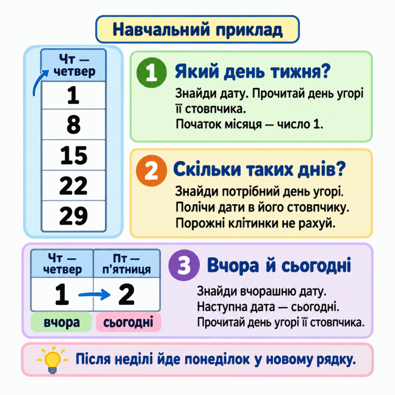 Навчальний приклад читання календаря. У стовпчику четвергів стоять дати 1, 8, 15, 22 і 29. День тижня читають над стовпчиком, а кількість таких днів визначають підрахунком дат. Початок місяця позначає число 1. Нижче показано перехід від учора, першого числа в четвер, до сьогодні, другого числа в п’ятницю. Після неділі календар продовжується з понеділка в новому рядку. Який день тижня?: Знайди дату. Прочитай день угорі її стовпчика. Початок місяця — число 1. Скільки таких днів?: Знайди потрібний день угорі. Полічи дати в його стовпчику. Порожні клітинки не рахуй. Вчора й сьогодні: Знайди вчорашню дату. Наступна дата — сьогодні. Прочитай день угорі її стовпчика. Після неділі йде понеділок у новому рядку. Навчальний приклад Чт — четвер Пт — п’ятниця 1 8 15 22 29 2 вчора сьогодні 1 2 3