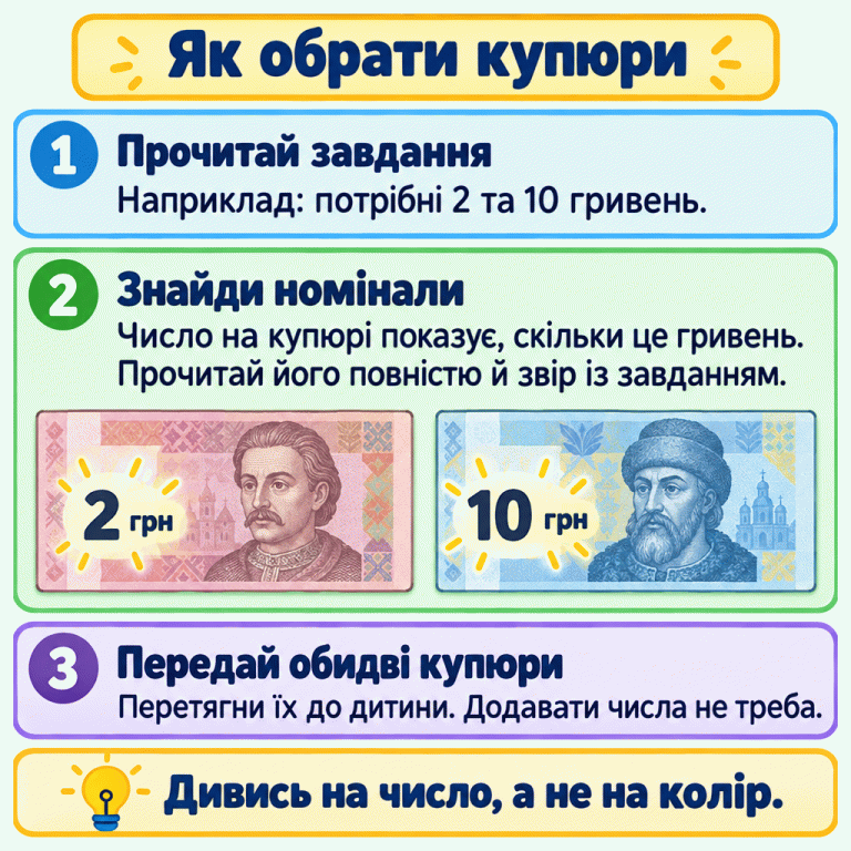Картка пояснює, як обирати гривневі купюри за номіналом. У навчальному прикладі потрібні 2 та 10 гривень, тому показано дві купюри з числами 2 і 10. Число на купюрі показує, скільки це гривень. Треба прочитати його повністю, звірити із завданням і передати обидві потрібні купюри, не додаючи чисел. Як обрати купюри Прочитай завдання: Наприклад: потрібні 2 та 10 гривень. Знайди номінали: Число на купюрі показує, скільки це гривень. Прочитай його повністю й звір із завданням. Передай обидві купюри: Перетягни їх до дитини. Додавати числа не треба. Дивись на число, а не на колір. 2 10 грн 1 2 3