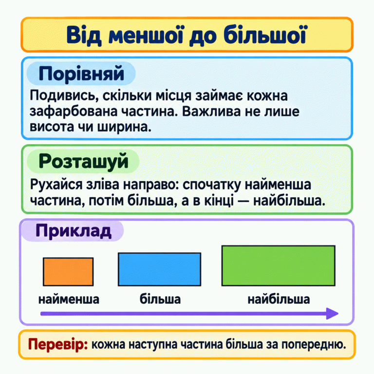 Картка пояснює, як розташувати частини фігури від меншої до більшої. Треба порівнювати всю зафарбовану поверхню, а не лише висоту чи ширину. У навчальному прикладі три прямокутні частини приблизно однакової висоти збільшуються зліва направо: найменша, більша, найбільша. Кожна наступна частина більша за попередню. Від меншої до більшої Порівняй: Подивись, скільки місця займає кожна зафарбована частина. Важлива не лише висота чи ширина. Розташуй: Рухайся зліва направо: спочатку найменша частина, потім більша, а в кінці — найбільша. Перевір: кожна наступна частина більша за попередню. Приклад найменша більша найбільша