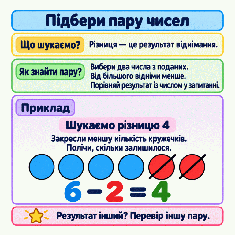 Картка пояснює: різниця — це результат віднімання. Вибери два подані числа, від більшого відніми менше та порівняй результат із числом у запитанні. В окремому прикладі шукаємо різницю 4: із шести кружечків два закреслено, чотири залишилися. Запис: 6 − 2 = 4. Якщо результат інший, перевір іншу пару. Підбери пару чисел Що шукаємо?: Різниця — це результат віднімання. Як знайти пару?: Вибери два числа з поданих. Від більшого відніми менше. Порівняй результат із числом у запитанні. Приклад: Закресли меншу кількість кружечків. Полічи, скільки залишилося. Результат інший? Перевір іншу пару. Шукаємо різницю 4 6 − 2 = 4