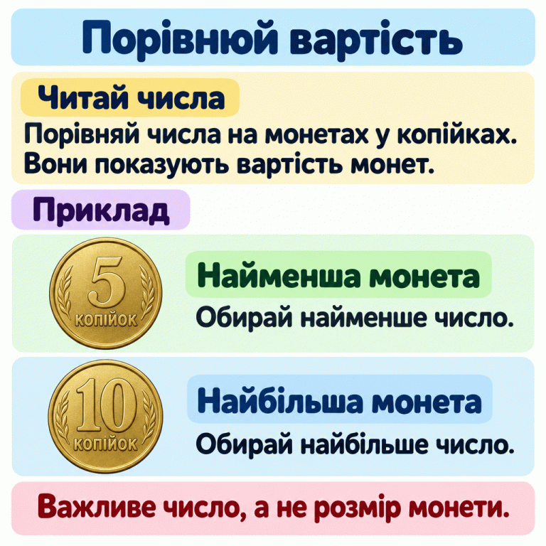 Порівнюй числа на монетах у копійках, а не розміри монет. Для найменшої монети обирай найменше число, для найбільшої — найбільше. У навчальному прикладі з двох монет 5 копійок — найменша за вартістю, а 10 копійок — найбільша. Порівнюй вартість Читай числа: Порівняй числа на монетах у копійках. Вони показують вартість монет. Найменша монета: Обирай найменше число. Найбільша монета: Обирай найбільше число. Важливе число, а не розмір монети. Приклад 5 10 копійок