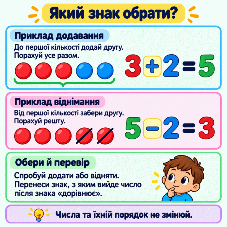 Картка пояснює, як обрати пропущений знак. У прикладі додавання три фішки та ще дві дають п’ять: 3 + 2 = 5. У прикладі віднімання з п’яти фішок дві перекреслено, залишилося три: 5 − 2 = 3. Спробуй додати або відняти й обери знак, з яким отримаєш задане число після знака рівності. Числа та їхній порядок не змінюй. Який знак обрати? Приклад додавання: До першої кількості додай другу. Порахуй усе разом. Приклад віднімання: Від першої кількості забери другу. Порахуй решту. Обери й перевір: Спробуй додати або відняти. Перенеси знак, з яким вийде число після знака «дорівнює». Числа та їхній порядок не змінюй. 3 2 5 + − =