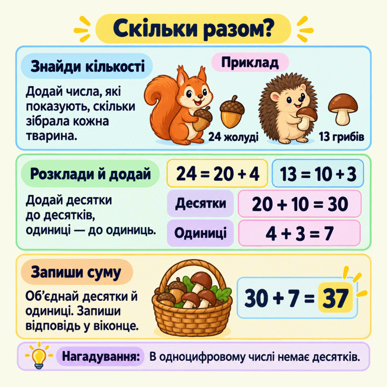 Картка пояснює, як додати все зібране двома тваринами. У навчальному прикладі білка має 24 жолуді, їжак — 13 грибів. Числа розкладено: 24 — це 20 і 4, а 13 — це 10 і 3. Десятки додають окремо: 20 + 10 = 30. Одиниці додають окремо: 4 + 3 = 7. Разом 30 + 7 = 37 предметів. Нагадування: в одноцифровому числі немає десятків. Скільки разом? Знайди кількості: Додай числа, які показують, скільки зібрала кожна тварина. Розклади й додай: Додай десятки до десятків, одиниці — до одиниць. Запиши суму: Об’єднай десятки й одиниці. Запиши відповідь у віконце. В одноцифровому числі немає десятків. Приклад 24 жолуді 13 грибів 24 = 20 + 4 13 = 10 + 3 Десятки 20 + 10 = 30 Одиниці 4 + 3 = 7 30 + 7 = 37 Нагадування: