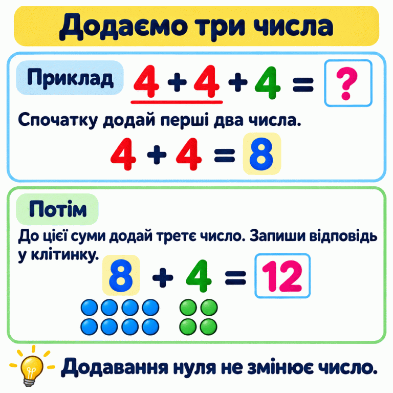 Додаємо три числа по черзі. У навчальному прикладі 4 + 4 + 4 спочатку додаємо перші два числа: 4 + 4 = 8. Потім до цієї суми додаємо третє число: 8 + 4 = 12. Вісім кружечків і ще чотири показують дванадцять одиниць. У клітинку записуємо кінцеву суму. Додавання нуля не змінює число. Додаємо три числа Приклад: Спочатку додай перші два числа. Потім: До цієї суми додай третє число. Запиши відповідь у клітинку. Додавання нуля не змінює число. 4 + 4 + 4 = ? 4 + 4 = 8 8 + 4 = 12