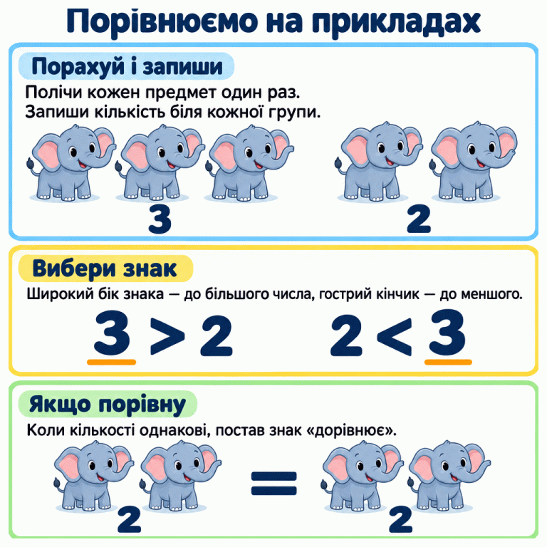 Навчальні приклади лічби й порівняння. У першій групі три слоники, у другій — два; біля груп записано відповідні числа. Приклади 3 > 2 і 2 < 3 показують: широкий бік знака звернений до більшого числа, гострий кінчик — до меншого. Унизу дві групи по два слоники та запис 2 = 2: однакові кількості позначаємо знаком «дорівнює». Порівнюємо на прикладах Порахуй і запиши: Полічи кожен предмет один раз. Запиши кількість біля кожної групи. Вибери знак: Широкий бік знака — до більшого числа, гострий кінчик — до меншого. Якщо порівну: Коли кількості однакові, постав знак «дорівнює». 3 2 > < =