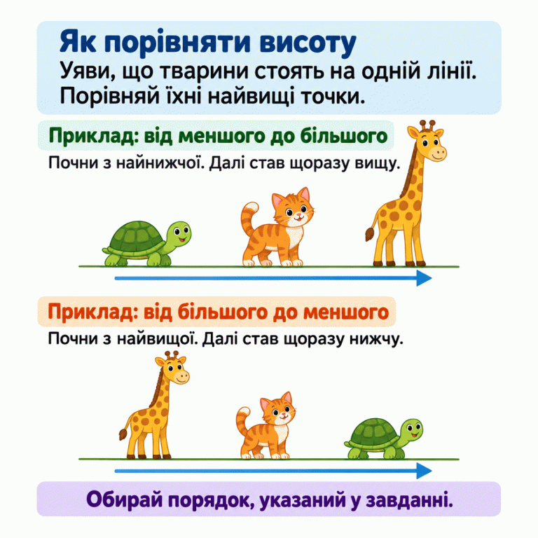 Два приклади впорядкування тварин за висотою. У кожному ряду тварини стоять на спільній горизонтальній лінії. У першому зліва направо розташовані найнижча черепаха, вищий кіт і найвища жирафа. У другому — жирафа, кіт і черепаха: висота поступово зменшується. Потрібний порядок слід обирати за умовою завдання. Як порівняти висоту: Уяви, що тварини стоять на одній лінії. Порівняй їхні найвищі точки. Приклад: від меншого до більшого: Почни з найнижчої. Далі став щоразу вищу. Приклад: від більшого до меншого: Почни з найвищої. Далі став щоразу нижчу. Обирай порядок, указаний у завданні.