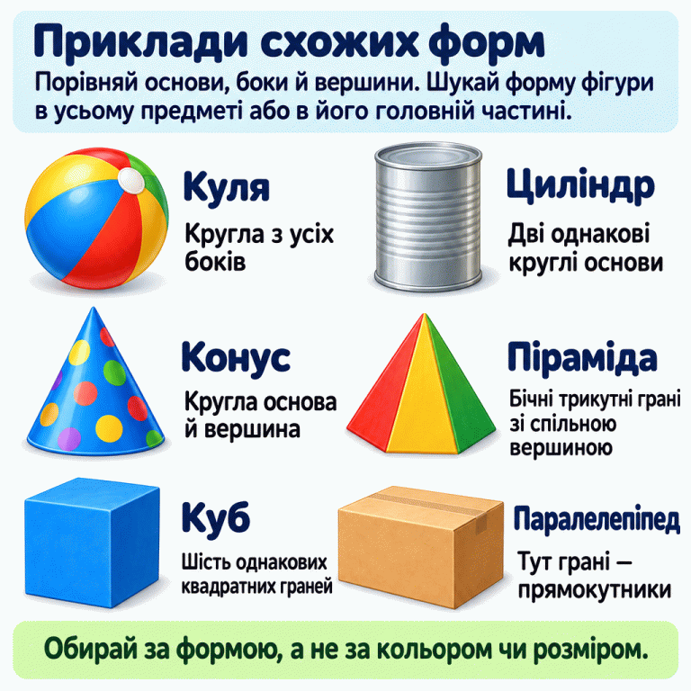 Картка вчить порівнювати основи, боки й вершини та впізнавати форму всього предмета або його головної частини. Показано шість прикладів: м’яч — куля, кругла з усіх боків; банка — циліндр із двома однаковими круглими основами; ковпачок — конус із круглою основою та вершиною; іграшкова піраміда — з трикутними бічними гранями зі спільною вершиною; кубічний брусок — із шістьма однаковими квадратними гранями; прямокутна коробка — приклад паралелепіпеда. Нагадування: обирати за формою, а не за кольором чи розміром. Приклади схожих форм: Порівняй основи, боки й вершини. Шукай форму фігури в усьому предметі або в його головній частині. Обирай за формою, а не за кольором чи розміром. Куля Кругла з усіх боків Циліндр Дві однакові круглі основи Конус Кругла основа й вершина Піраміда Бічні трикутні грані зі спільною вершиною Куб Шість однакових квадратних граней Паралелепіпед Тут грані — прямокутники