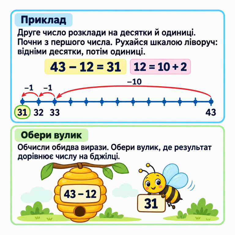 Навчальний приклад віднімання частинами: 43 − 12 = 31, бо 12 = 10 + 2. На шкалі тринадцять рівновіддалених поділок від 31 до 43. Стрілки ведуть ліворуч: від 43 до 33 — відняти десять, потім до 32 і до 31 — двічі відняти по одному. Результат 31 виділено. Унизу вулик із виразом 43 − 12 утворює пару з бджілкою, яка має число 31. Щоб виконати завдання, обчисли обидва вирази й обери вулик із результатом, що дорівнює числу на бджілці. Приклад: Друге число розклади на десятки й одиниці. Почни з першого числа. Рухайся шкалою ліворуч: відніми десятки, потім одиниці. Обери вулик: Обчисли обидва вирази. Обери вулик, де результат дорівнює числу на бджілці. 43 − 12 = 31 12 = 10 + 2 31 32 33 43 −10 −1 43 − 12