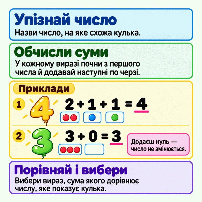 Назви число, на яке схожа кулька. У кожному виразі додавай числа по черзі. У першому навчальному прикладі кулька має форму четвірки: два плюс один плюс один дорівнює чотирьом. Це показують групи з двох, однієї та однієї крапки. У другому прикладі кулька має форму трійки: три плюс нуль дорівнює трьом. Біля трьох крапок є порожня комірка: нуль нічого не додає. Вибери вираз, сума якого дорівнює числу, яке показує кулька. Упізнай число: Назви число, на яке схожа кулька. Обчисли суми: У кожному виразі почни з першого числа й додавай наступні по черзі. Порівняй і вибери: Вибери вираз, сума якого дорівнює числу, яке показує кулька. Додаєш нуль — число не змінюється. Приклади 4 2 + 1 + 1 = 4 3 3 + 0 = 3 1 2