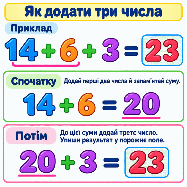Навчальний приклад додавання трьох чисел: 14 + 6 + 3 = 23. Спочатку додаємо перші два числа: 14 + 6 = 20. Потім до отриманої суми додаємо третє число: 20 + 3 = 23. Загальну суму записано в поле після знака рівності. Як додати три числа Спочатку: Додай перші два числа й запам’ятай суму. Потім: До цієї суми додай третє число. Упиши результат у порожнє поле. Приклад 14 6 3 20 23 + =