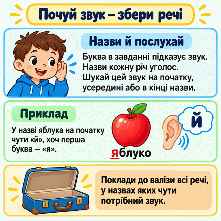 Назви кожну річ уголос і послухай, чи є в її назві звук із завдання. Він може бути будь-де в слові. На прикладі з яблуком показано: у назві «яблуко» спочатку чути «й», хоча перша буква — «я». Унизу відкрита валіза для речей із потрібним звуком. Почуй звук — збери речі Назви й послухай: Буква в завданні підказує звук. Назви кожну річ уголос. Шукай цей звук на початку, усередині або в кінці назви. Приклад: У назві яблука на початку чути «й», хоч перша буква — «я». Поклади до валізи всі речі, у назвах яких чути потрібний звук. яблуко й
