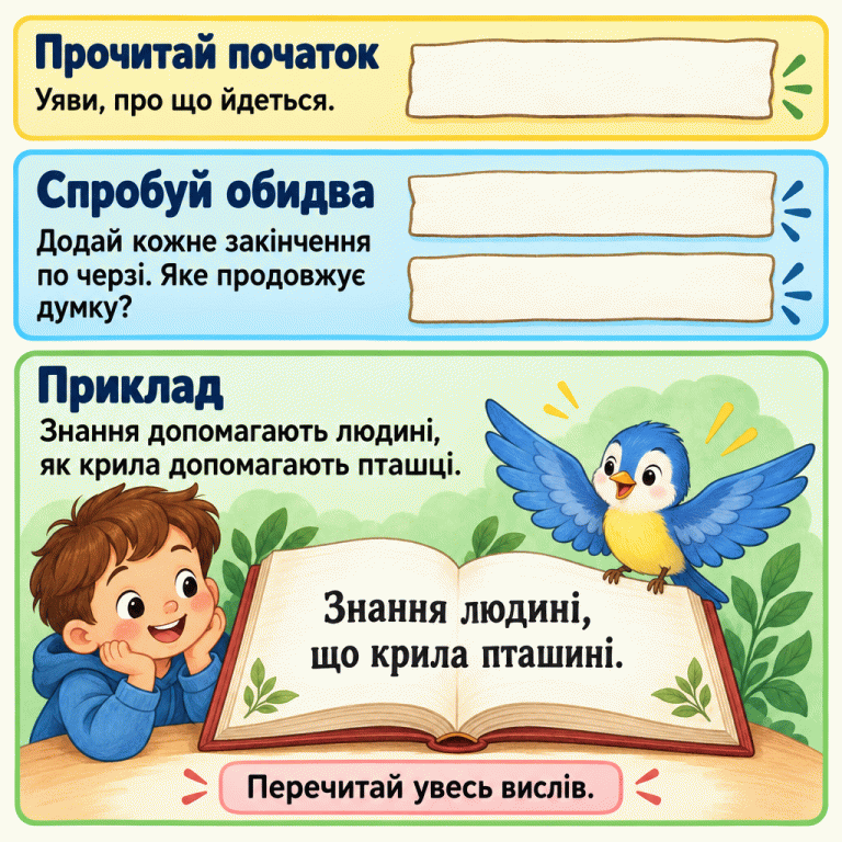 Спочатку прочитай початок прислів’я, потім по черзі спробуй два закінчення й перевір зміст усього вислову. На відкритій книжці написано: «Знання людині, що крила пташині.» Біля книжки дитина читає, а пташка показує крила. Прочитай початок: Уяви, про що йдеться. Спробуй обидва: Додай кожне закінчення по черзі. Яке продовжує думку? Приклад: Знання допомагають людині, як крила допомагають пташці. Перечитай увесь вислів. Знання людині, що крила пташині.