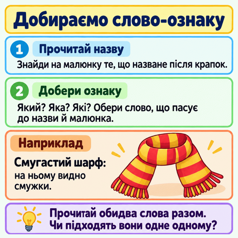 Картка пояснює, як знайти назване після крапок на малюнку та дібрати до нього слово-ознаку. Приклад показує шарф із виразними смужками. Добираємо слово-ознаку Прочитай назву: Знайди на малюнку те, що назване після крапок. Добери ознаку: Який? Яка? Які? Обери слово, що пасує до назви й малюнка. Наприклад: Смугастий шарф: на ньому видно смужки. Прочитай обидва слова разом. Чи підходять вони одне одному? 1 2