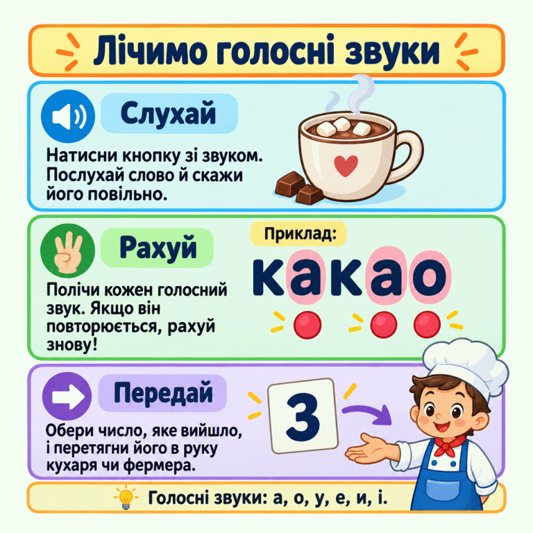 Послухай слово, вимов його повільно й порахуй кожен голосний звук. Приклад: у слові «какао» двічі чути «а» й один раз «о» — три голосні. Картку з числом 3 передають у простягнуту руку. Лічимо голосні звуки Слухай: Натисни кнопку зі звуком. Послухай слово й скажи його повільно. Рахуй: Полічи кожен голосний звук. Якщо він повторюється, рахуй знову! Передай: Обери число, яке вийшло, і перетягни його в руку кухаря чи фермера. Голосні звуки: а, о, у, е, и, і. Приклад: какао 3