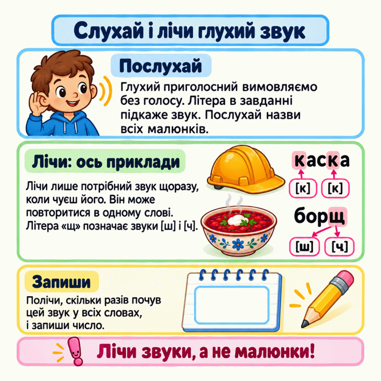 Картка пояснює три дії: послухати назви, полічити потрібний глухий звук і записати число. У прикладі «каска» показано два звучання [к]. У слові «борщ» літера «щ» передає [ш] і [ч]. Місце для загального числа порожнє. Слухай і лічи глухий звук Послухай: Глухий приголосний вимовляємо без голосу. Літера в завданні підкаже звук. Послухай назви всіх малюнків. Лічи: ось приклади: Лічи лише потрібний звук щоразу, коли чуєш його. Він може повторитися в одному слові. Літера «щ» позначає звуки [ш] і [ч]. Запиши: Полічи, скільки разів почув цей звук у всіх словах, і запиши число. Лічи звуки, а не малюнки! каска [к] борщ [ш] [ч]